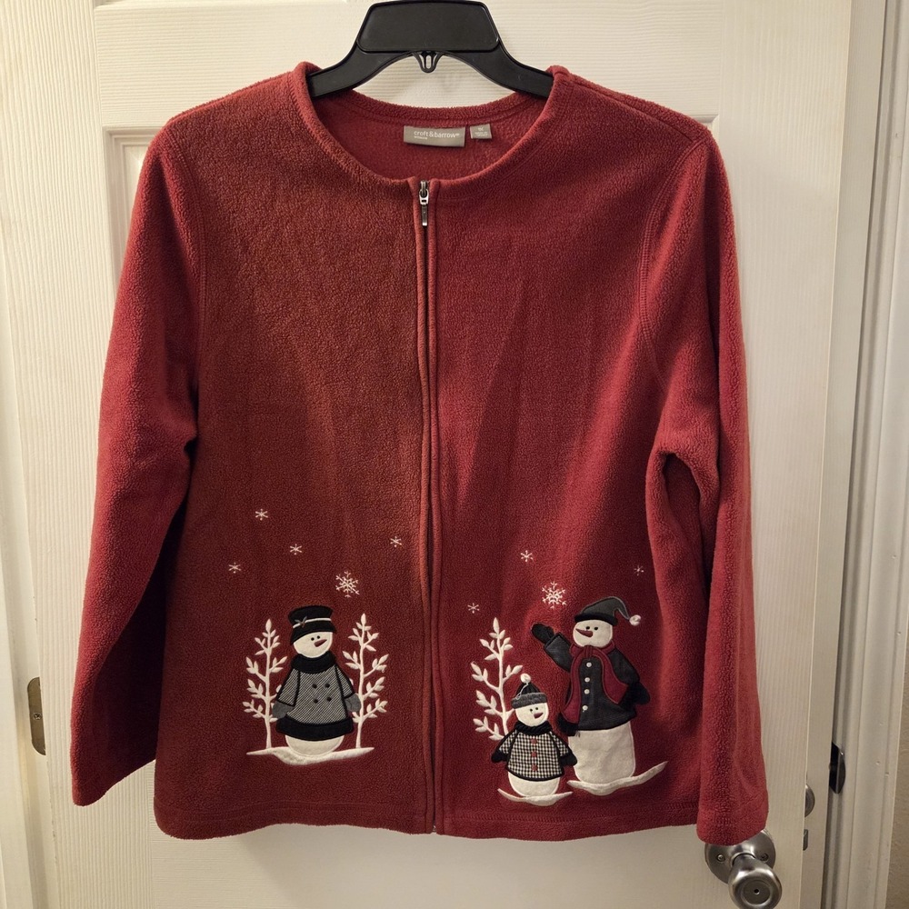 Croft & Barrow sz 1X red maroon zip up fleece christmas sweater festive snowman